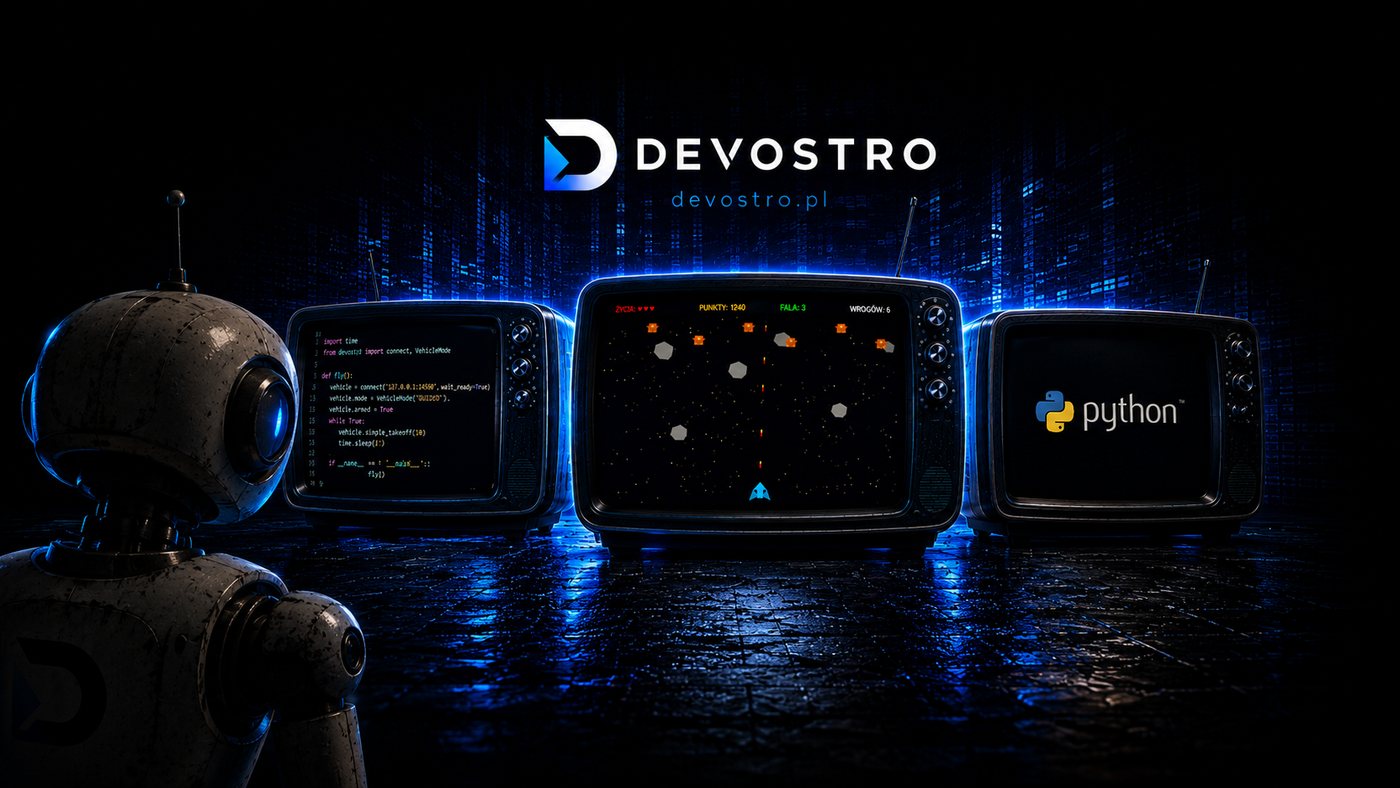 Robot DevOstro i trzy ekrany: kod Pythona, gra i logo Python — ścieżka od zera do twórcy gier