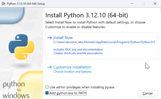 Instalator Pythona — zaznaczony Add python.exe to PATH