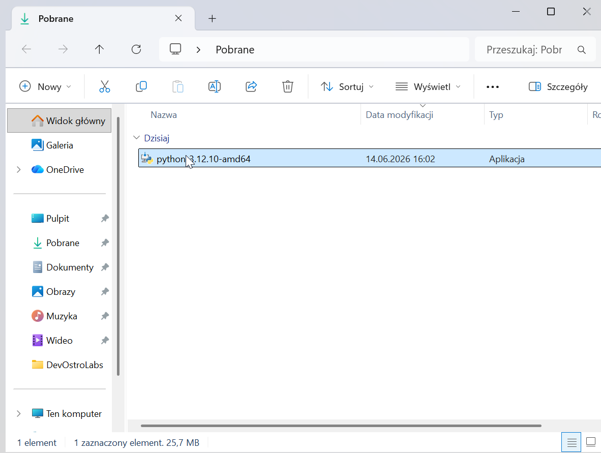 Folder Pobrane — plik python-3.12.10-amd64, kliknij dwa razy
