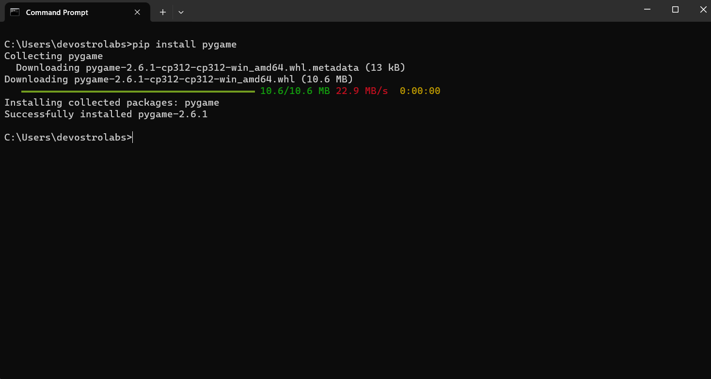 Terminal — pip install pygame, Successfully installed pygame-2.6.1