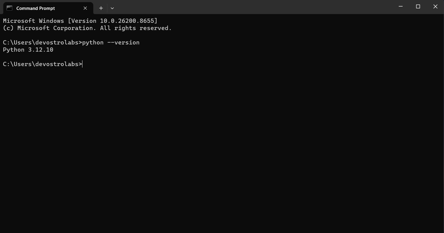 Terminal — python --version, Python 3.12.10