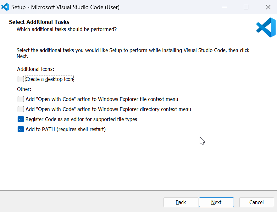 VS Code — Select Additional Tasks, dwa zaznaczone ptaszki: Register Code i Add to PATH