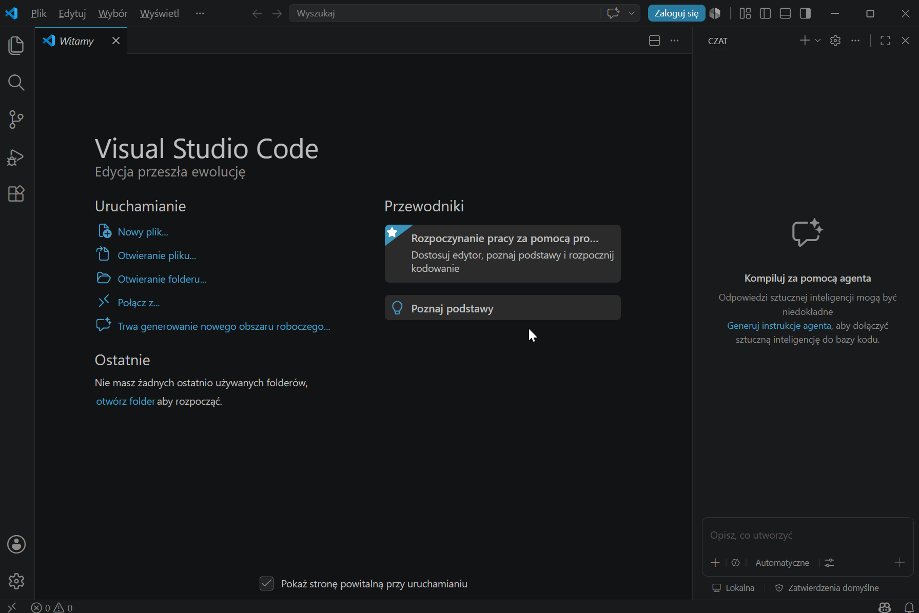 VS Code po polsku — Witamy, menu Plik Edytuj Wybór Wyświetl