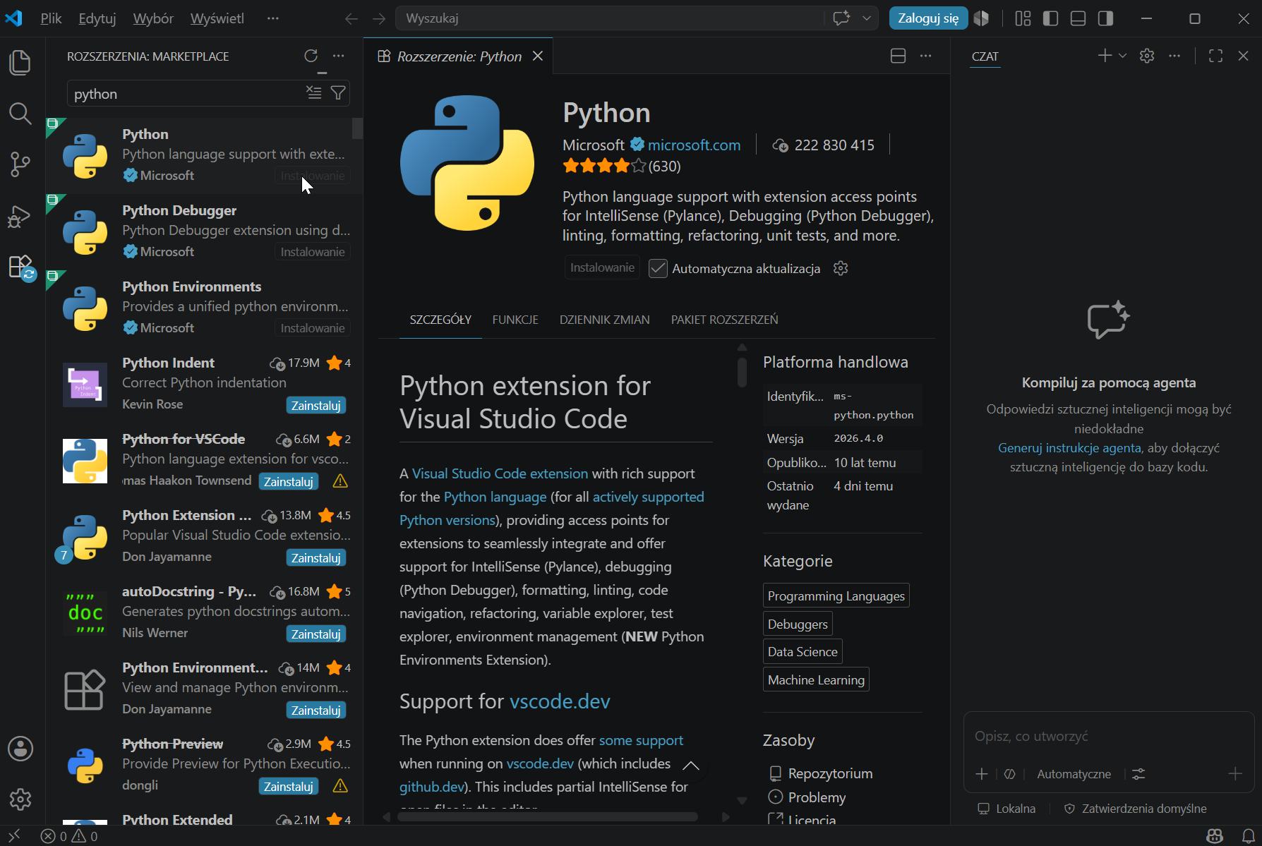 VS Code — rozszerzenie Python od Microsoft, przycisk Zainstaluj