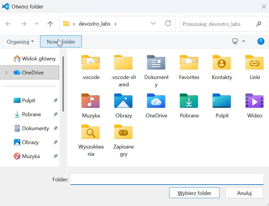 VS Code — okno Otwórz folder, przycisk Nowy folder