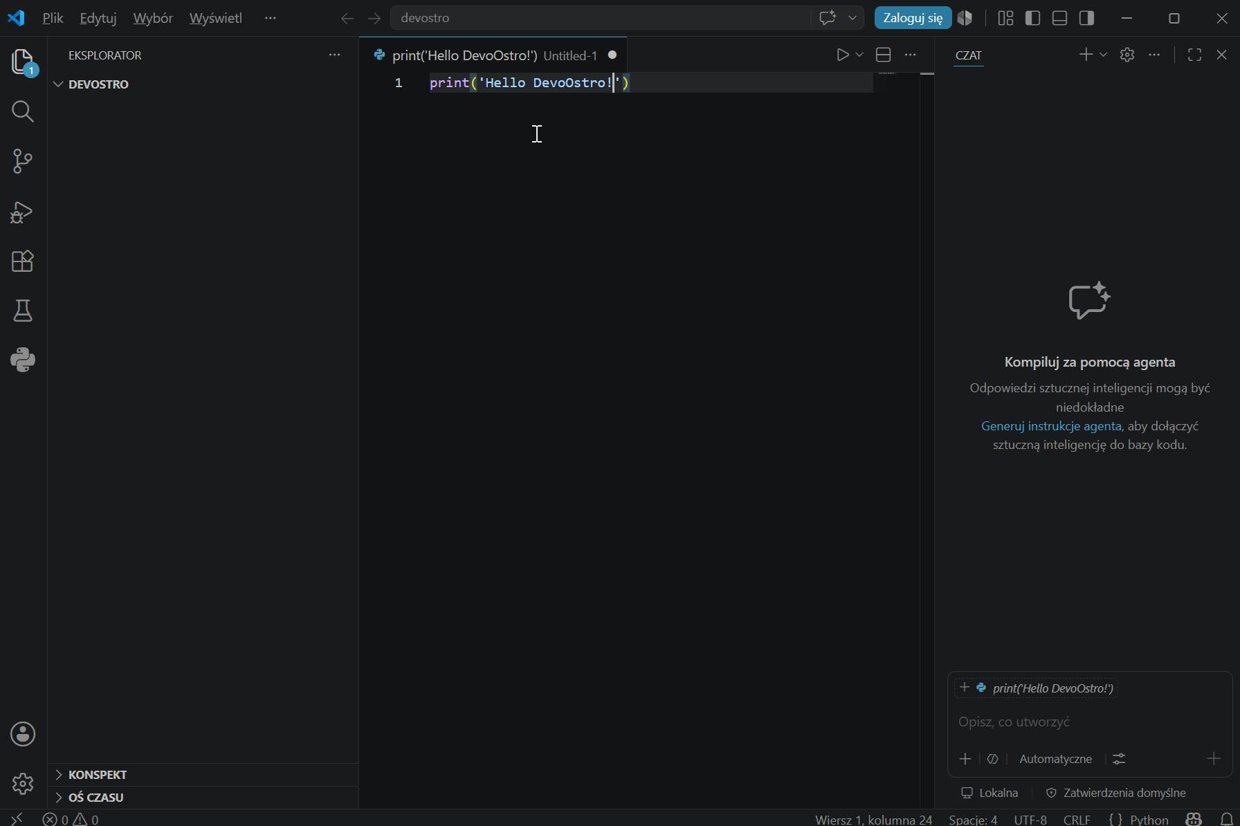 VS Code — pierwszy program print Hello DevOstro