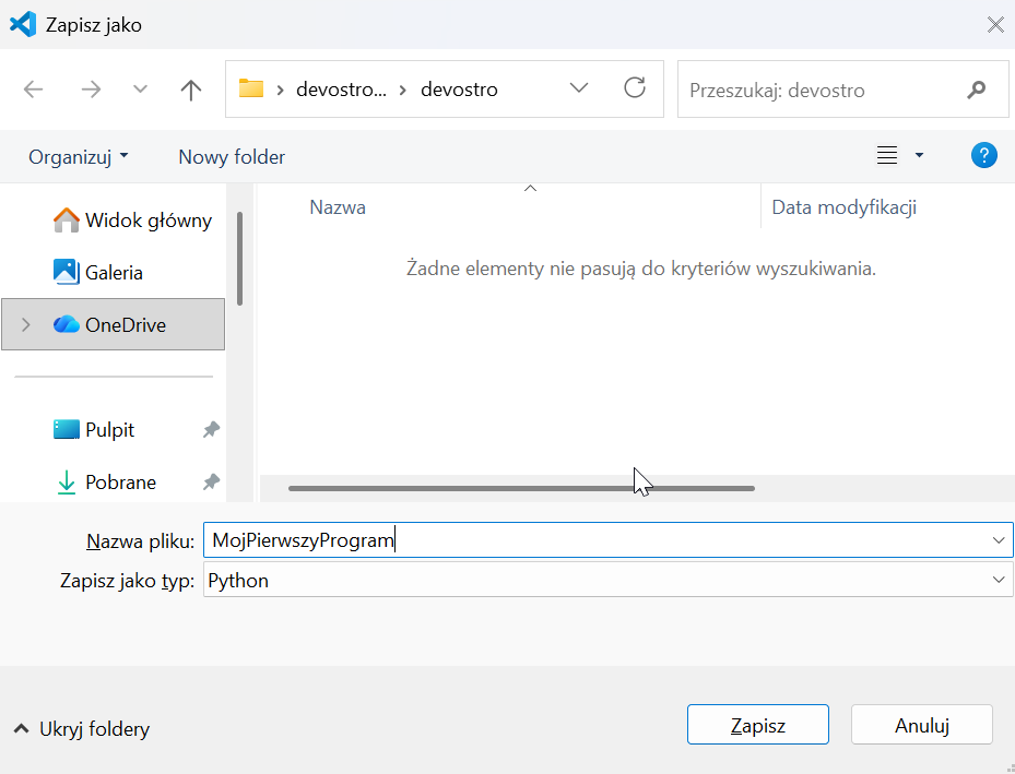 VS Code — Zapisz jako, nazwa MojPierwszyProgram, typ Python