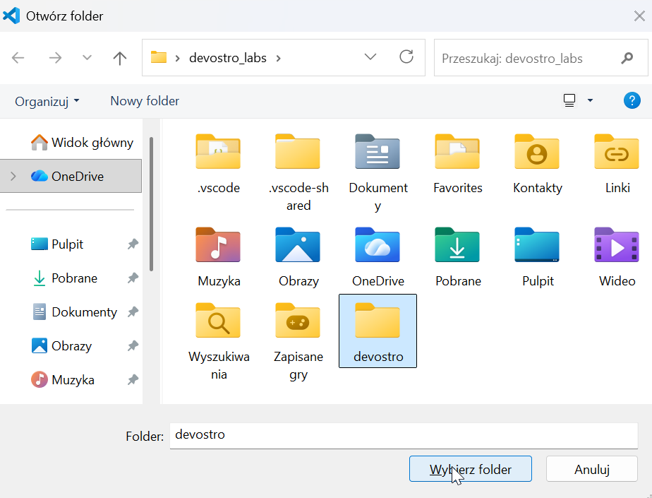 VS Code — okno Otwórz folder, folder devostro zaznaczony, przycisk Wybierz folder