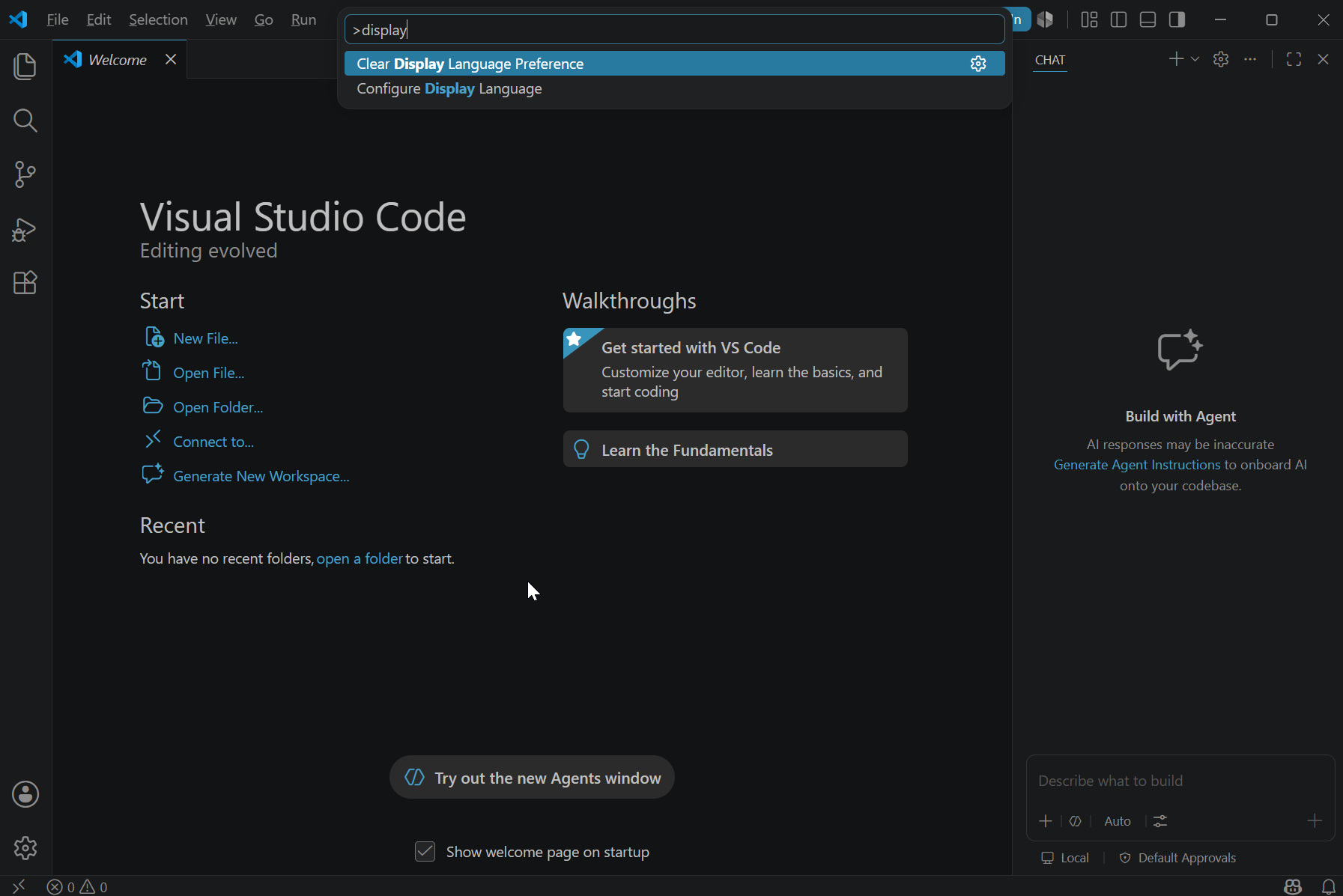 VS Code — pasek poleceń, wpisane display, Configure Display Language