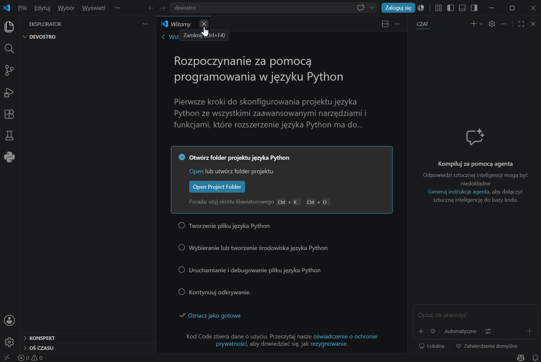VS Code — folder DEVOSTRO po lewej, krzyżyk Zamknij na zakładce Witamy