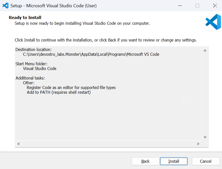 VS Code — Ready to Install, kliknij Install