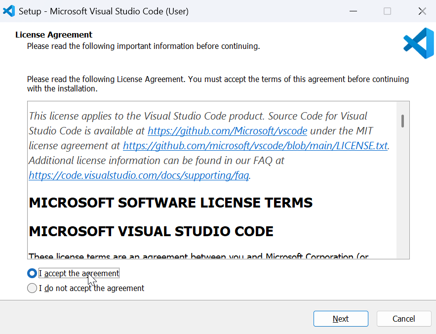 VS Code — License Agreement, zaznaczone I accept the agreement