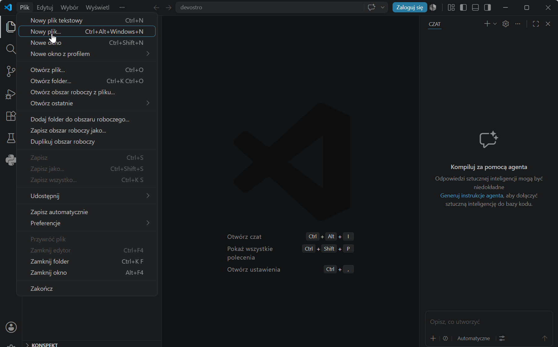 VS Code — menu Plik, opcja Nowy plik