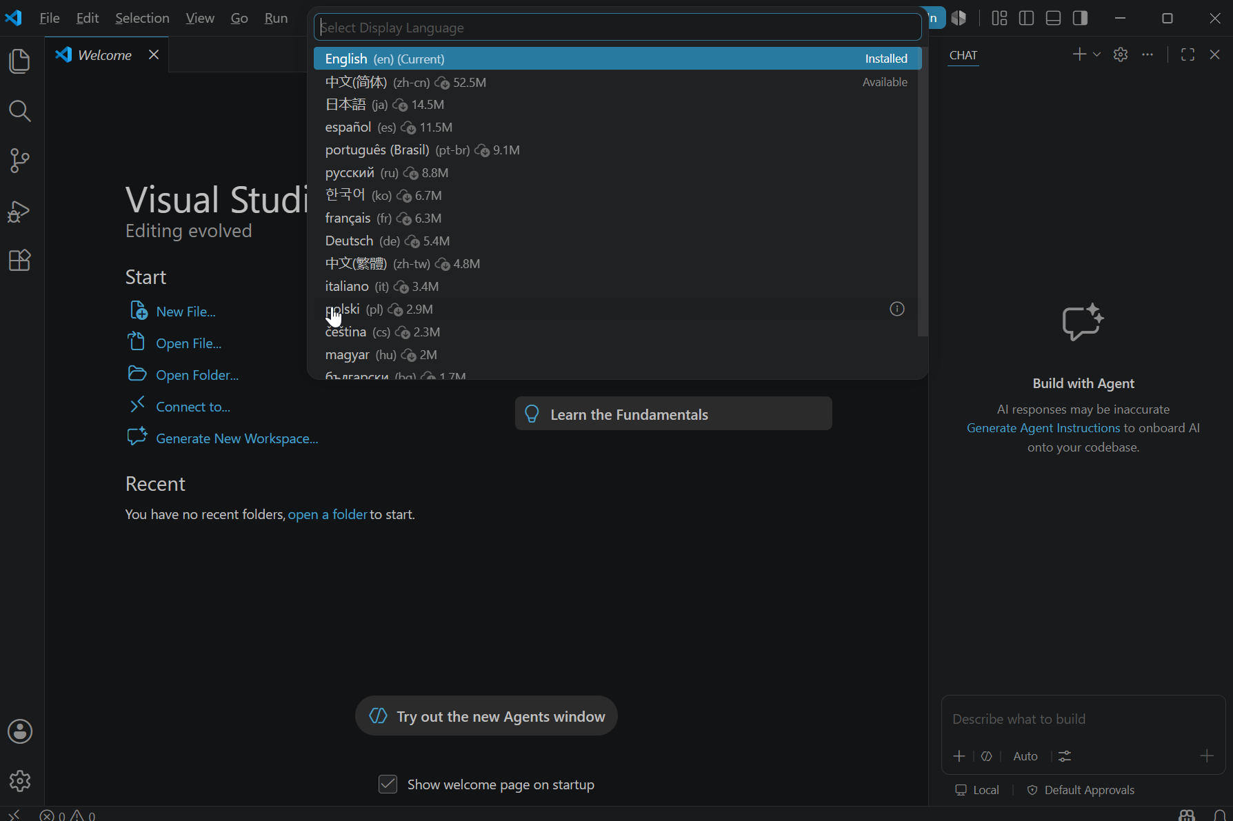 VS Code — lista języków, wybierz polski
