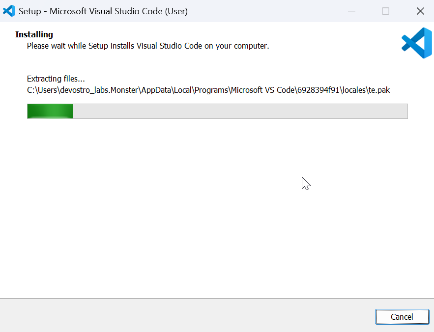 VS Code — Installing, pasek postępu