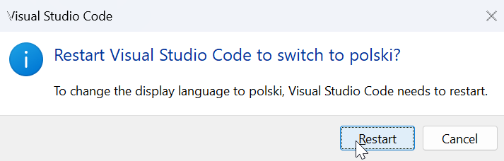 VS Code — Restart to switch to polski, kliknij Restart