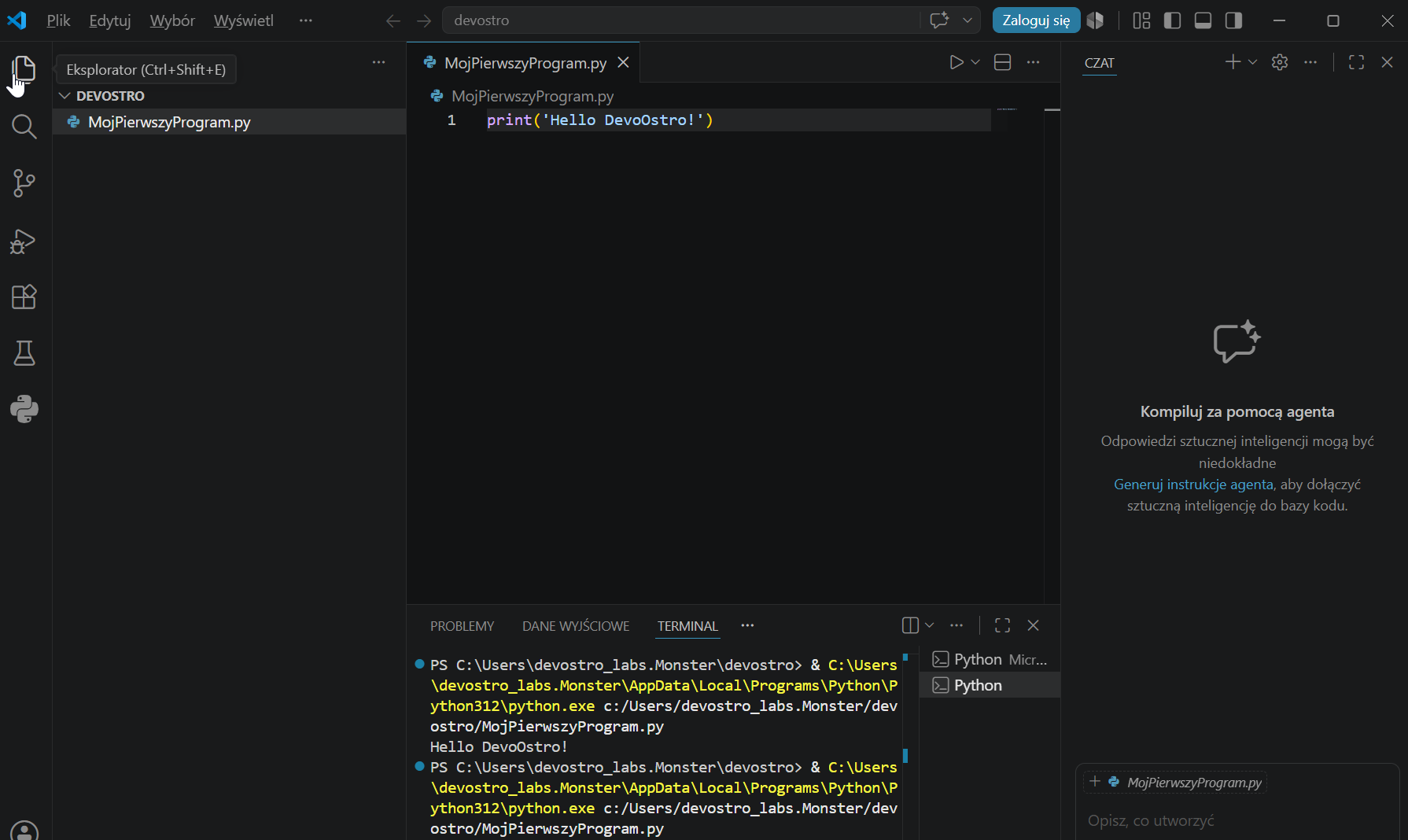 VS Code — uruchomienie programu, wynik Hello DevOstro w terminalu (bez pip)
