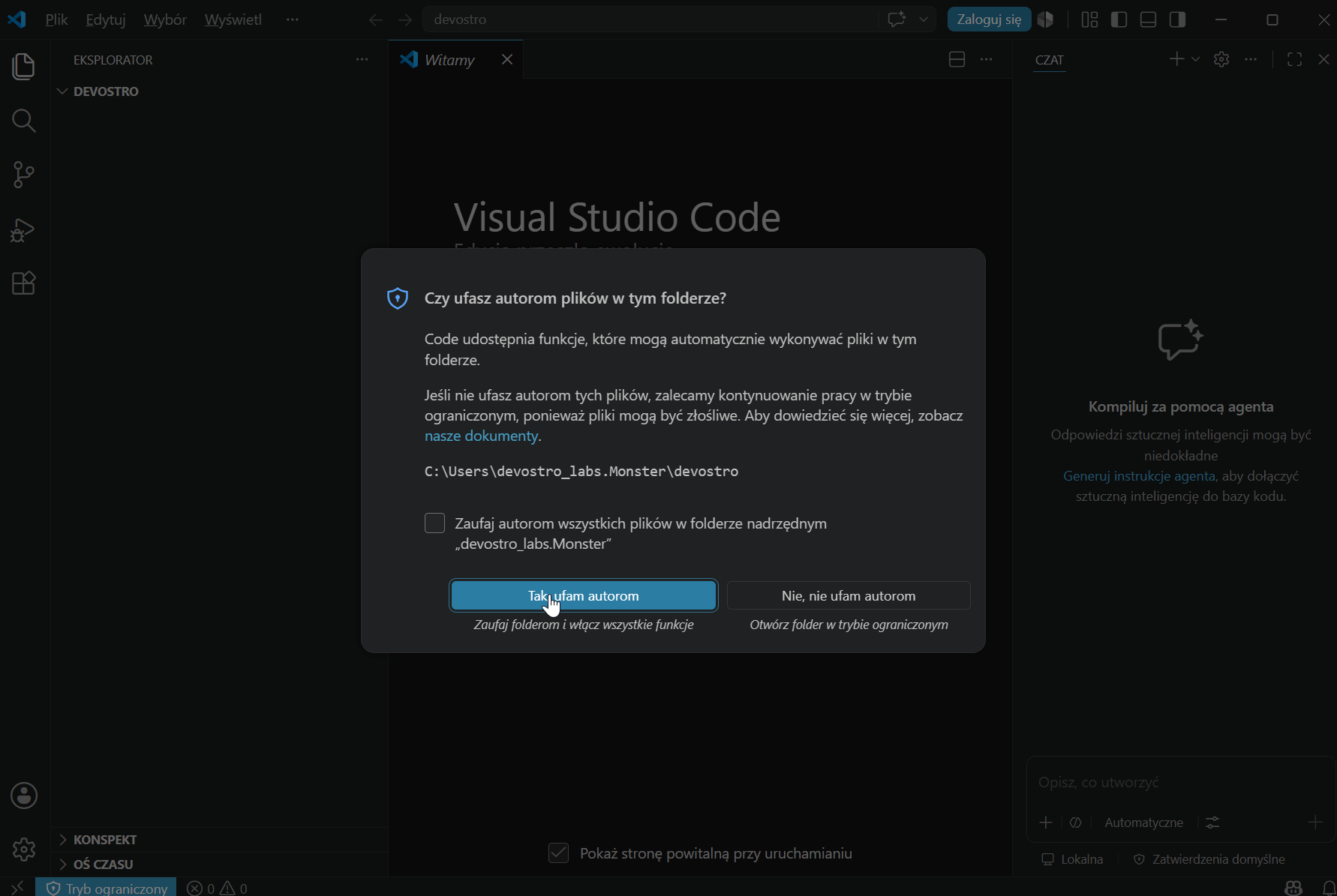 VS Code — pytanie o zaufanie autorom, kliknij Tak ufam autorom; folder DEVOSTRO po lewej w Eksploratorze