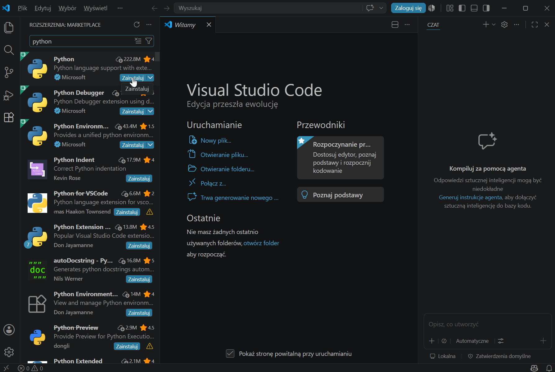 VS Code — ekran Witamy, link Otwieranie folderu